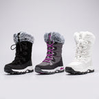Women's insulated snow boots with faux fur cuff in Black, Grey and White, side by side