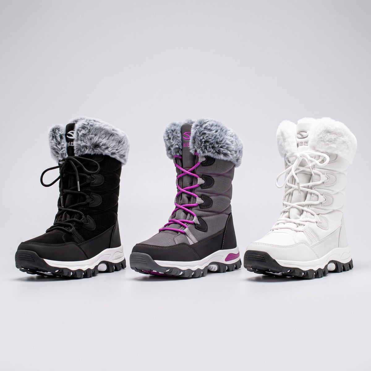 Women's insulated snow boots with faux fur cuff in Black, Grey and White, side by side