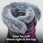 Close-up of the deep faux fur cuff and insulated lining of the snow boots