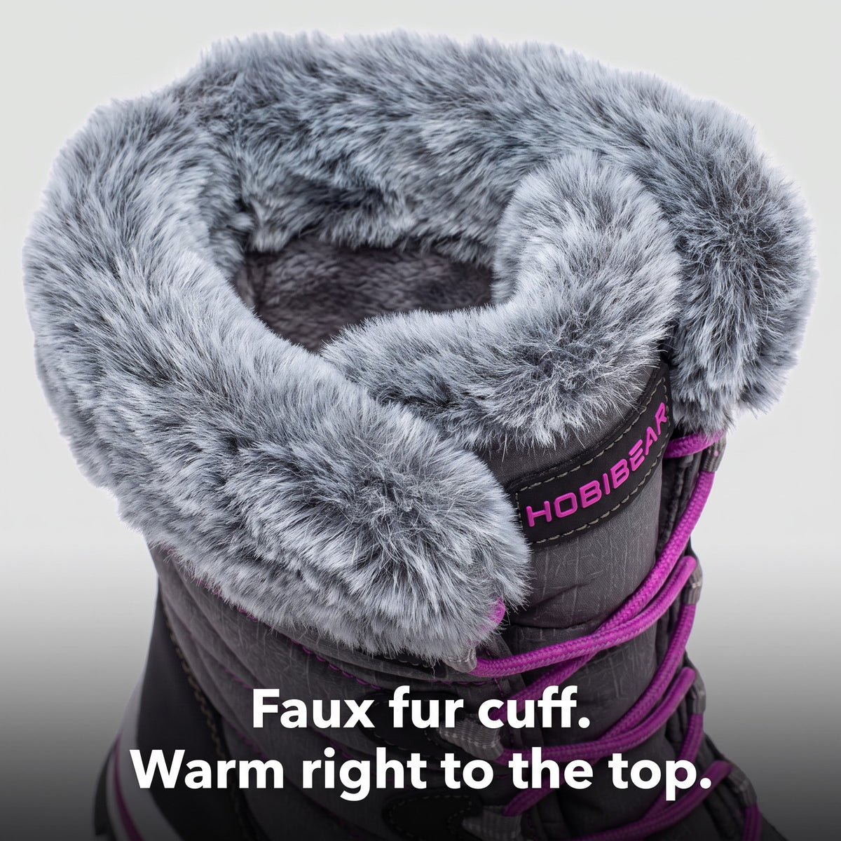 Close-up of the deep faux fur cuff and insulated lining of the snow boots