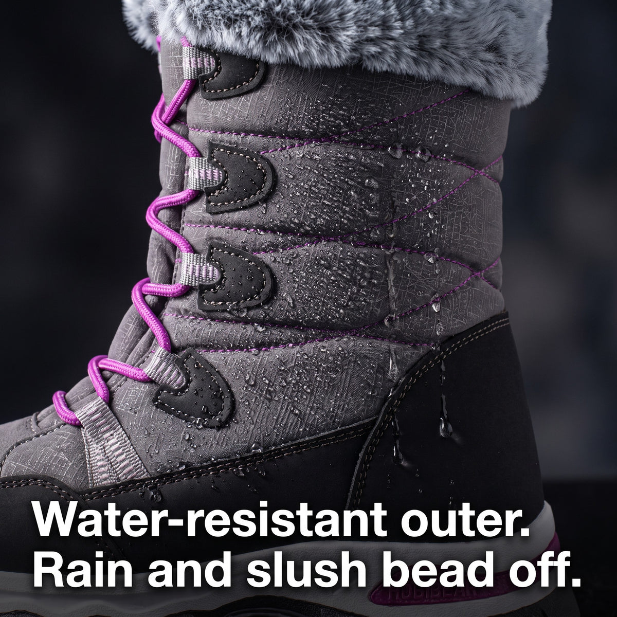 Water beading on the water-resistant quilted upper of the women's winter boots