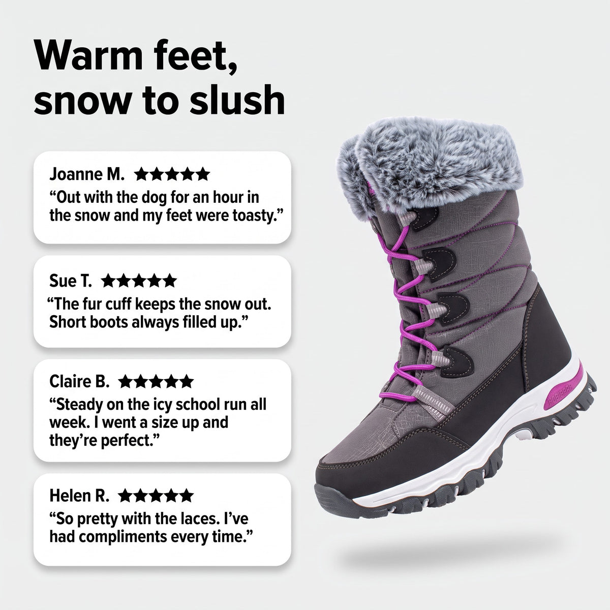 Customer review cards for the women's insulated snow boots