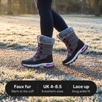 Faux fur snow boots on a frosty path: warm to the cuff, UK 4 to 8.5, lace up snug ankle fit