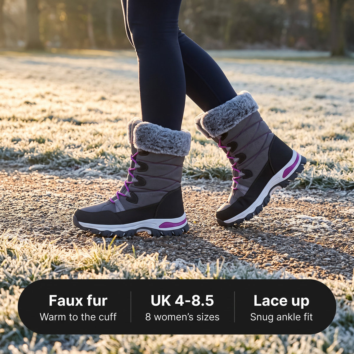 Faux fur snow boots on a frosty path: warm to the cuff, UK 4 to 8.5, lace up snug ankle fit