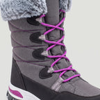 Close-up of the laces running through fabric loops on the Grey mid calf snow boots