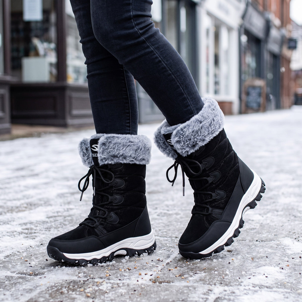 Black women's winter boots with faux fur cuff worn on an icy town pavement