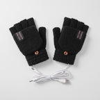 USB heated gloves in Black with the flip-top buttoned back and the USB cable