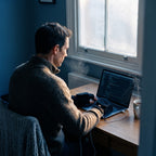 Man typing at a laptop in a cold home office wearing the USB heated gloves