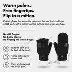 Heated gloves infographic: warm palms, free fingertips, flip to a mitten