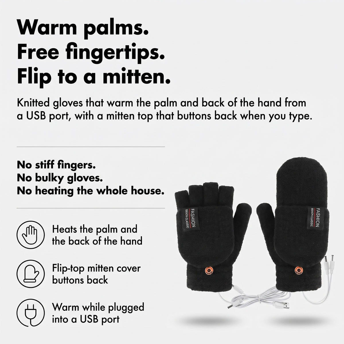 Heated gloves infographic: warm palms, free fingertips, flip to a mitten