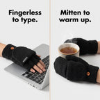Heated gloves in fingerless mode for typing and mitten mode round a mug of tea