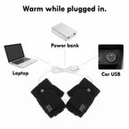 USB heated gloves plug into a laptop, a power bank or a car USB socket