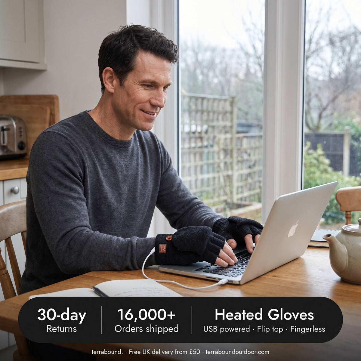 Man at a kitchen table wearing the heated gloves with 30-day returns and 16,000+ orders