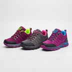 Women's hiking shoes in Grey, Purple and Pink side by side
