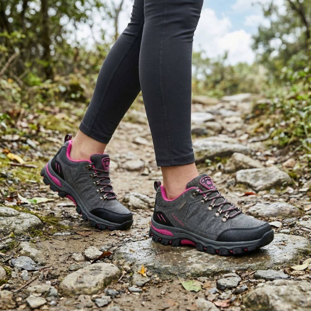 Woman wearing the women's hiking shoes in Grey on a rocky trail