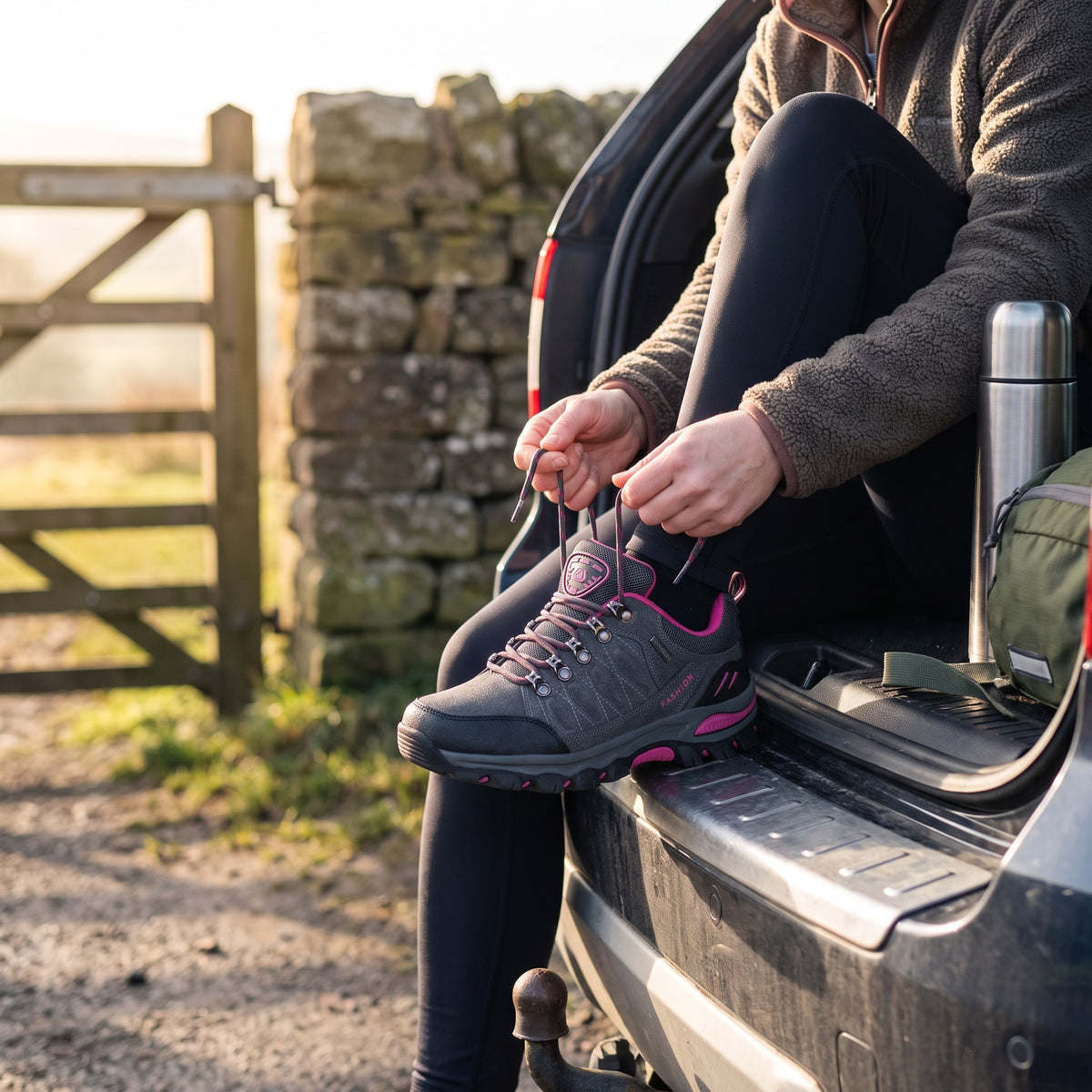 Woman lacing up the Grey walking shoes on a car tailgate before a countryside walk