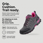 Women's hiking shoes with a deep lug rubber sole, cushioned lining and lace-up fit
