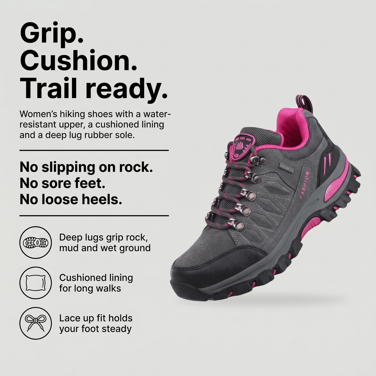 Women's hiking shoes with a deep lug rubber sole, cushioned lining and lace-up fit
