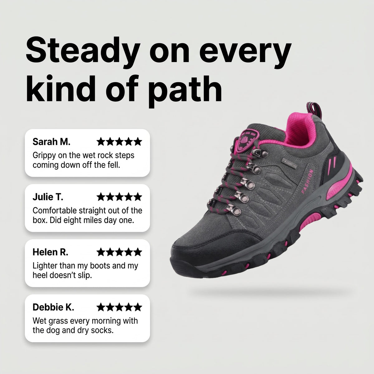 Customer review cards for the women's hiking shoes