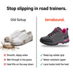 Comparison: smooth canvas trainers versus terrabound hiking shoes with deep lug grip