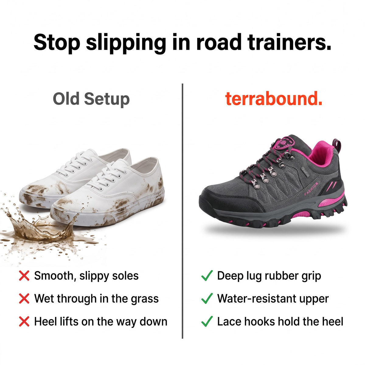Comparison: smooth canvas trainers versus terrabound hiking shoes with deep lug grip