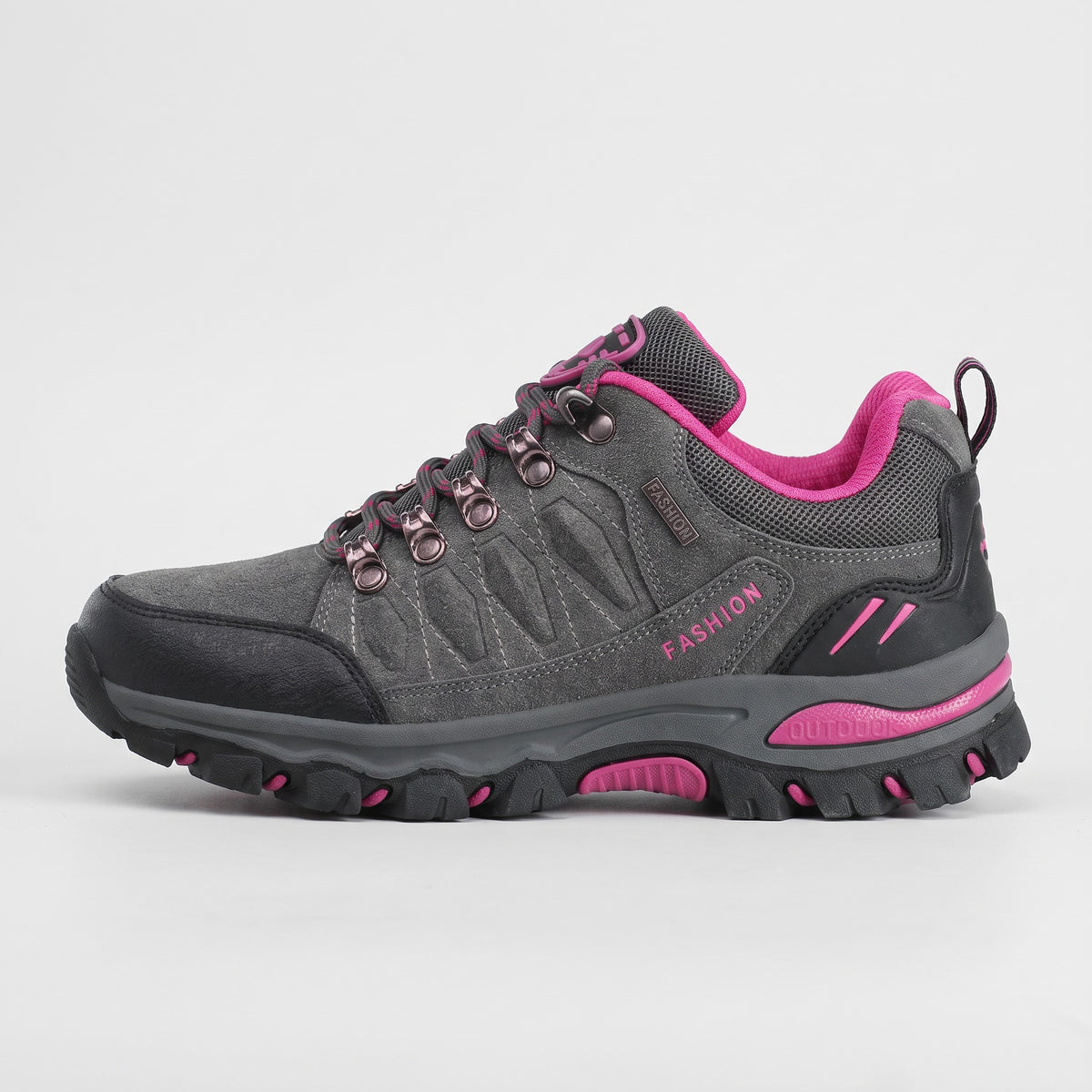 Side profile of the Grey hiking shoe showing the lugged rubber sole wall