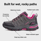Feature diagram: padded mesh collar, metal lace hooks, water-resistant upper, protective toe overlay, deep lug rubber sole
