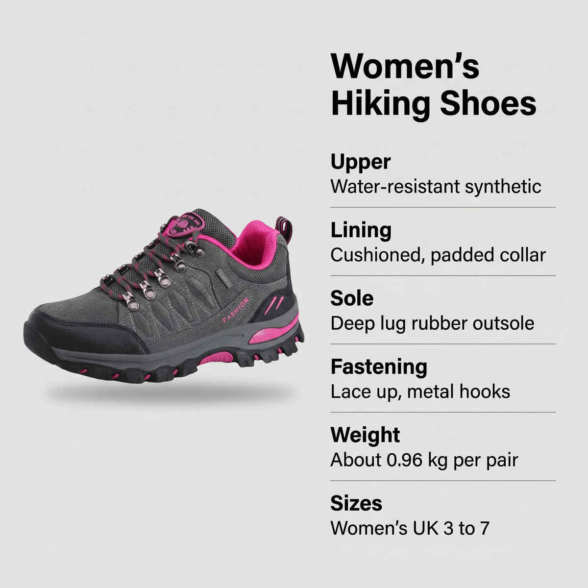 Specification card for the women's hiking shoes