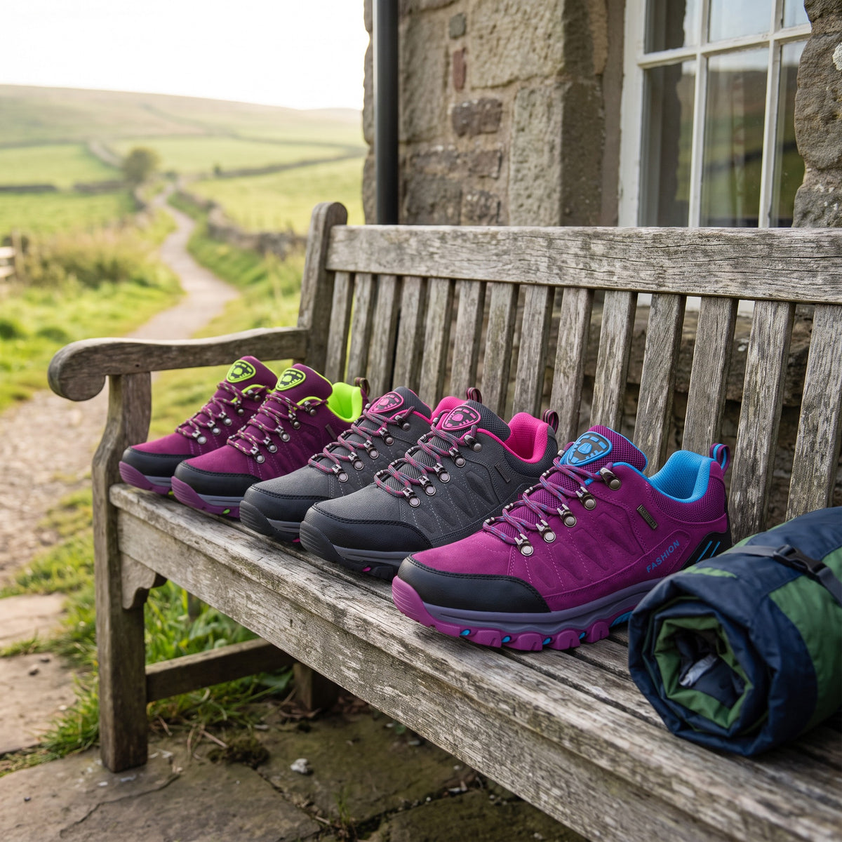 Purple, Grey and Pink hiking shoes lined up on a cottage bench