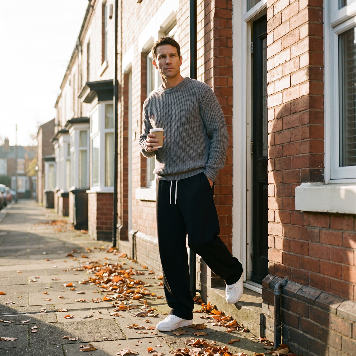 Man stepping out of his front door with a coffee, wearing the Black open hem joggers
