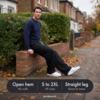 Man sitting on a garden wall in the joggers: open hem, sizes S to 2XL, straight leg