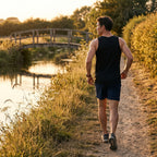 Man running along a riverside path on a summer evening in the men's running top