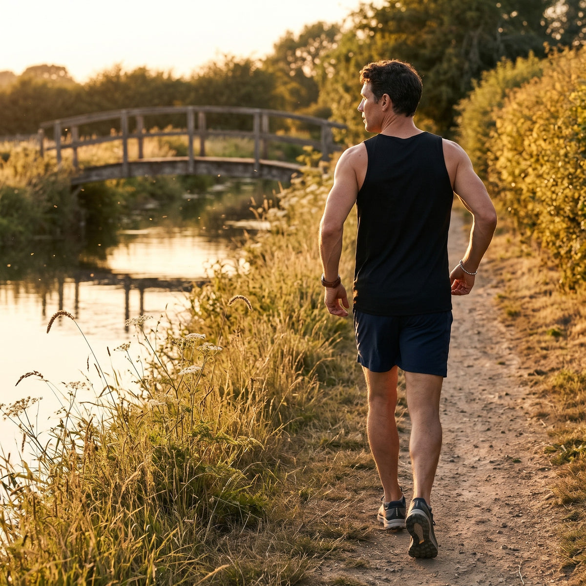 Man running along a riverside path on a summer evening in the men's running top