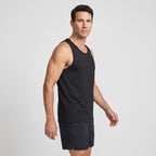 Side view of the men's running top showing the wide shoulder straps and armhole