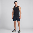 Man wearing the men's running top in Black with running shorts and trail shoes, full length