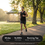 Man running in a park in the men's running top, with 30-day returns and 16,000+ orders shipped