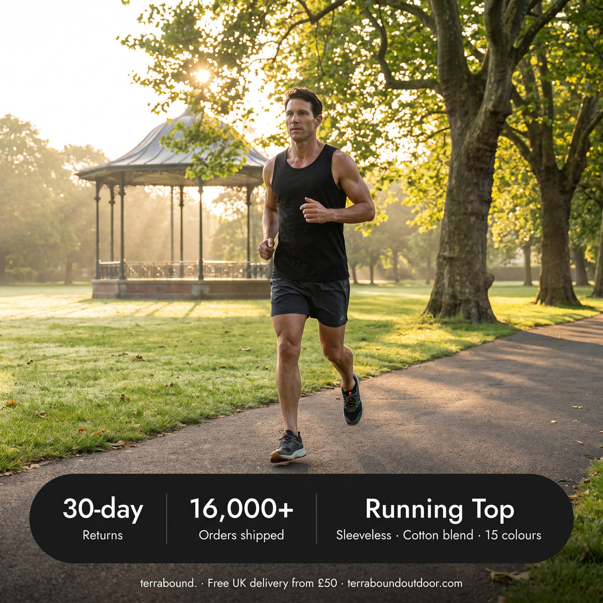 Man running in a park in the men's running top, with 30-day returns and 16,000+ orders shipped