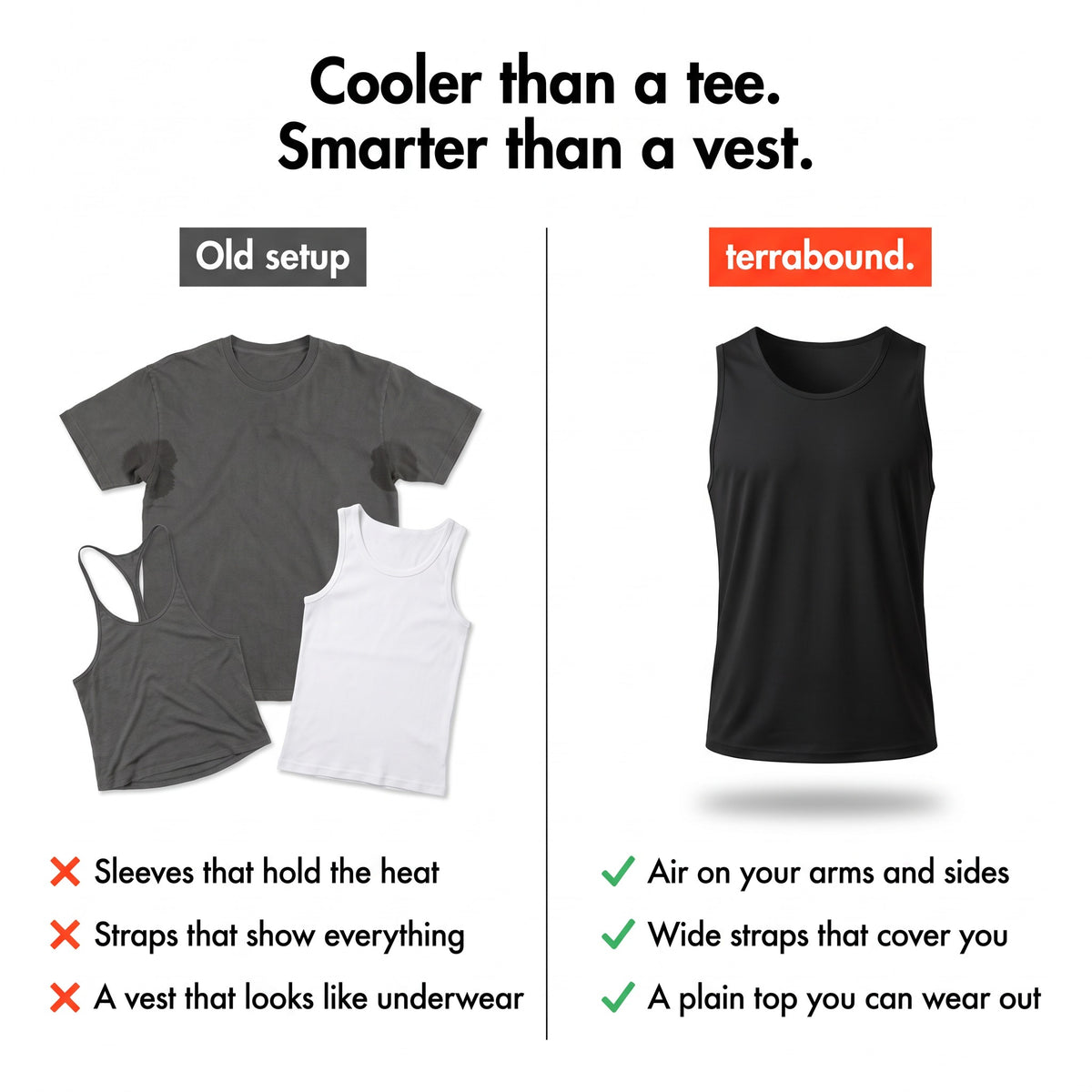 Comparison: the men's running top against a T-shirt, a stringer and an underwear vest