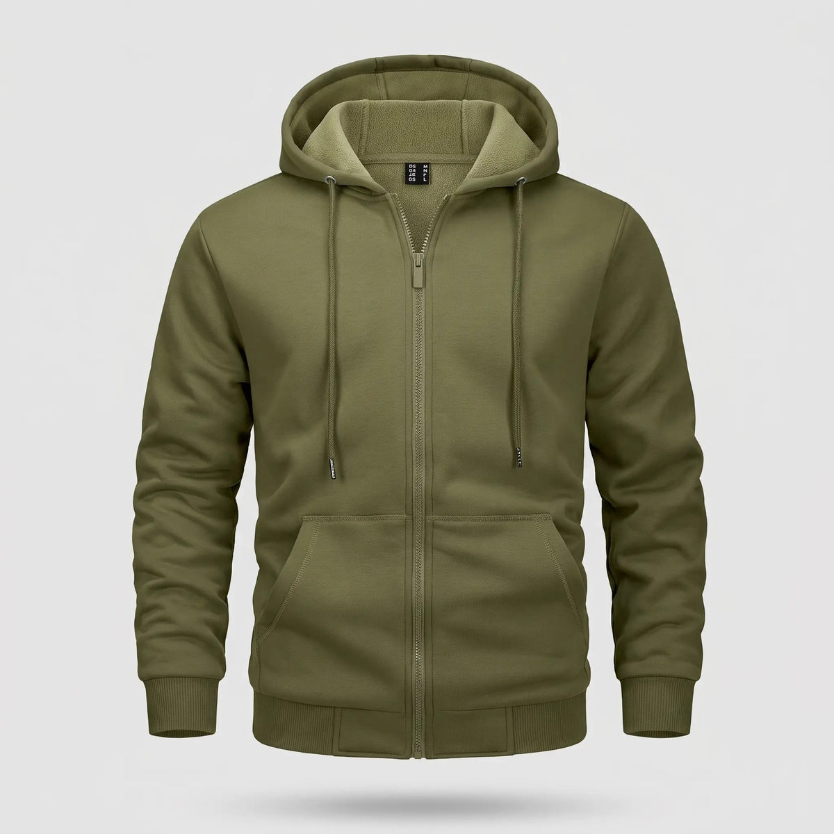 Men's zip up hoodie in Army Green, front view