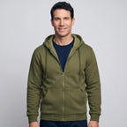 Man wearing the men's zip up hoodie in Army Green over a dark T-shirt