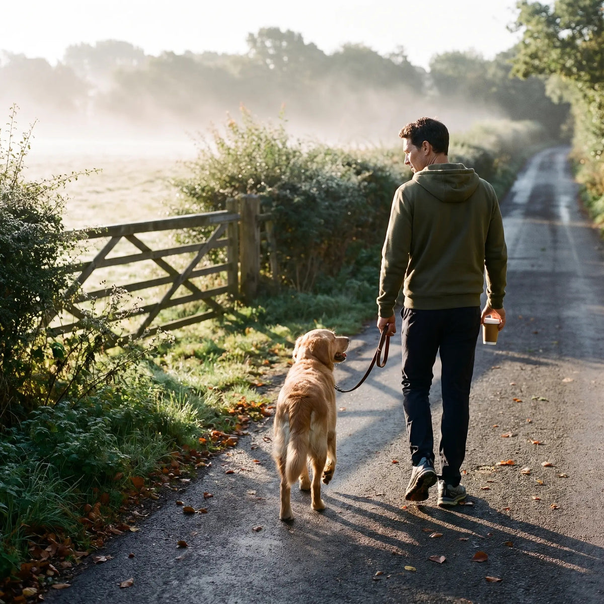 Man walking a dog on a misty country lane in the Army Green zip up hoodie