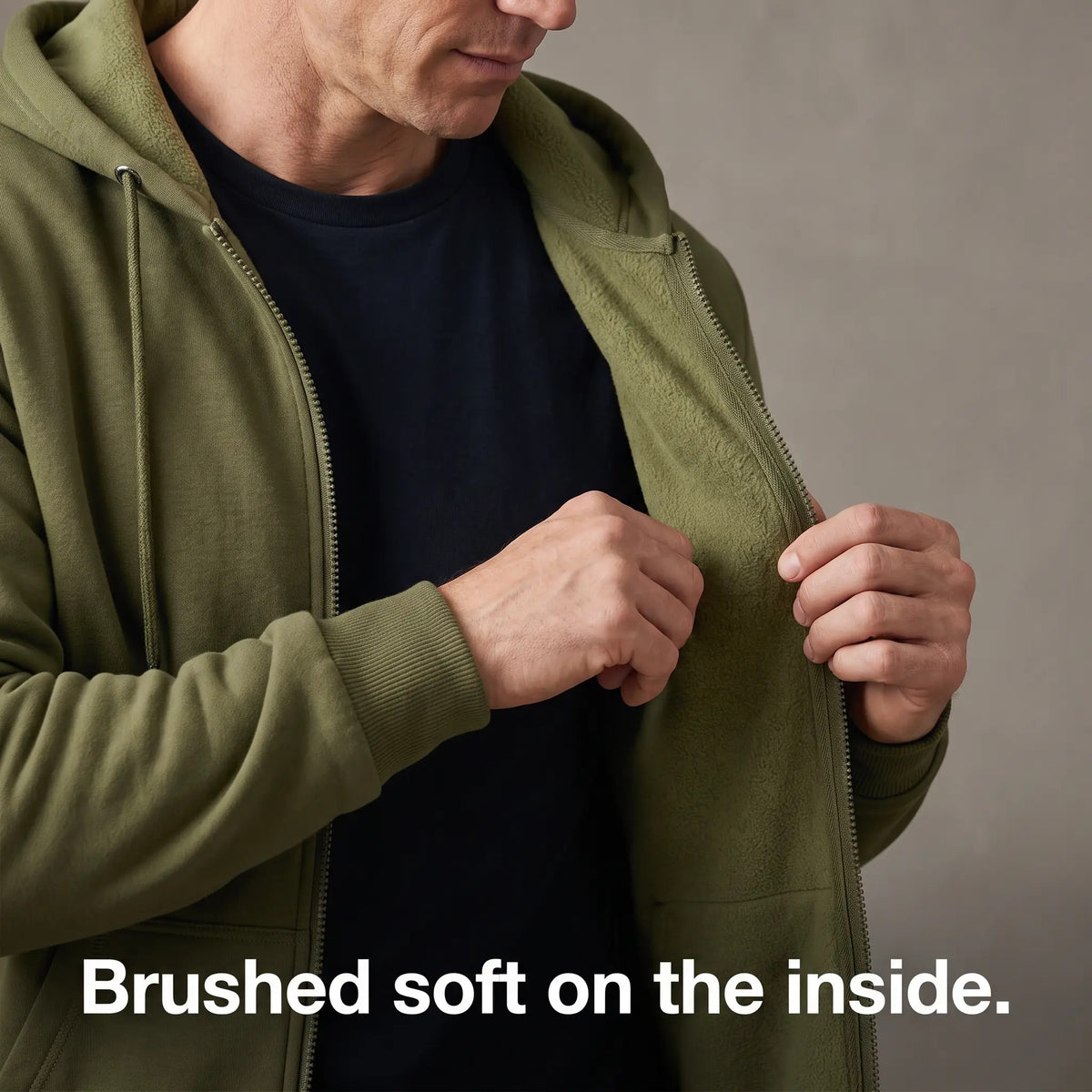 Zip up hoodie opened at the front to show the brushed soft fleece inside