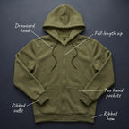 Flat lay of the zip up hoodie labelled drawcord hood, full-length zip, hand pockets, ribbed cuffs and hem