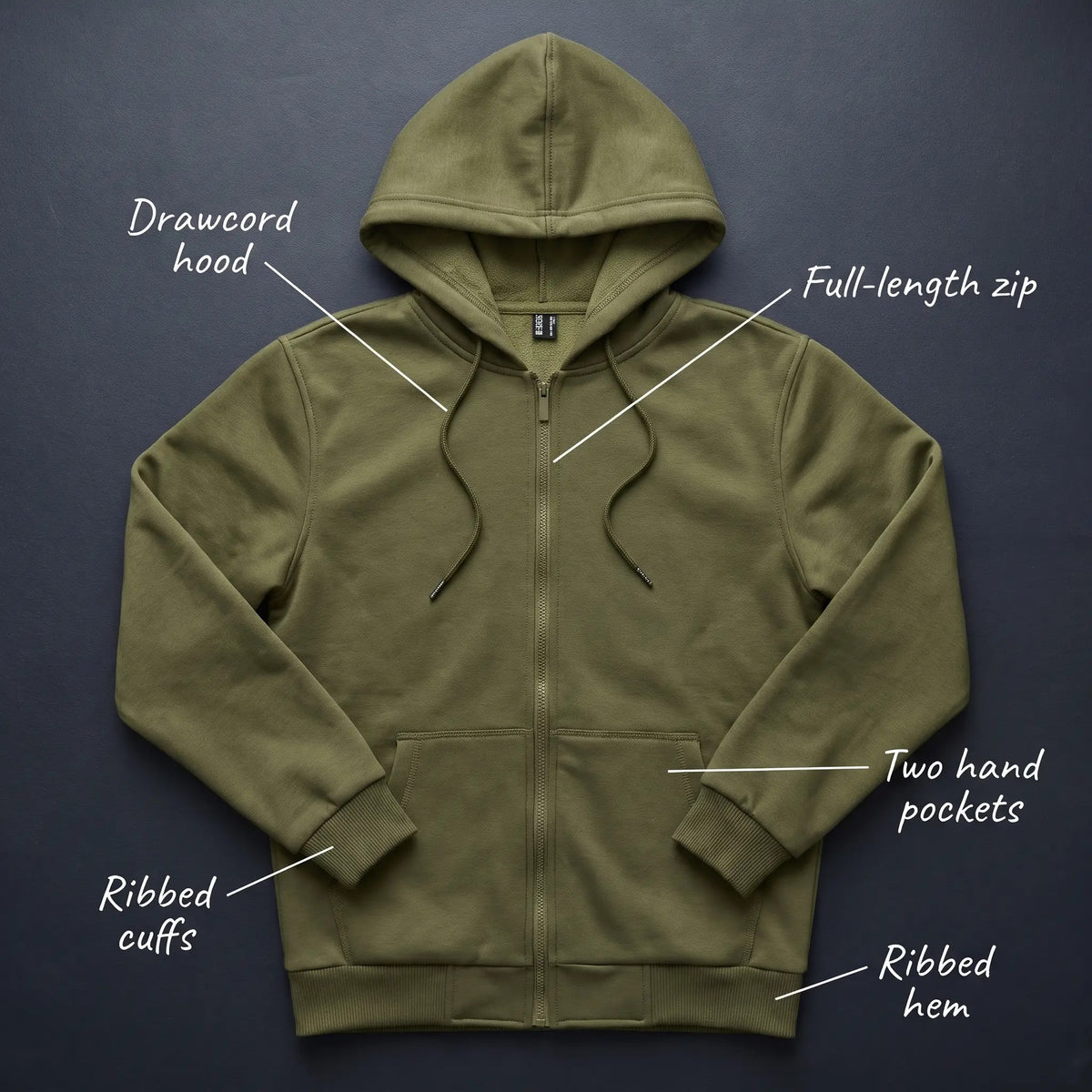 Flat lay of the zip up hoodie labelled drawcord hood, full-length zip, hand pockets, ribbed cuffs and hem