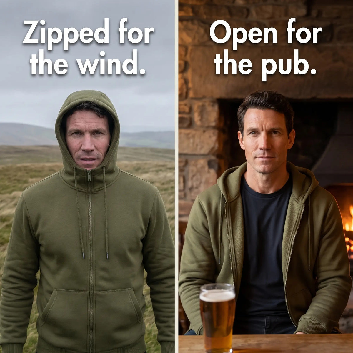 Zip up hoodie zipped with the hood up on a windy hill and open over a T-shirt in a pub