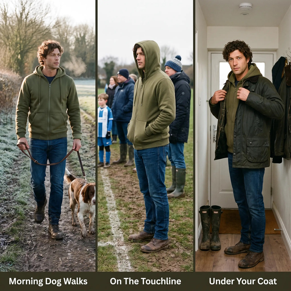 Zip up hoodie for morning dog walks, the football touchline and under your coat