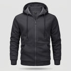 Men's zip up hoodie in Black, front view