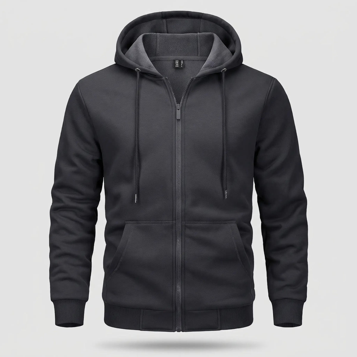 Men's zip up hoodie in Black, front view