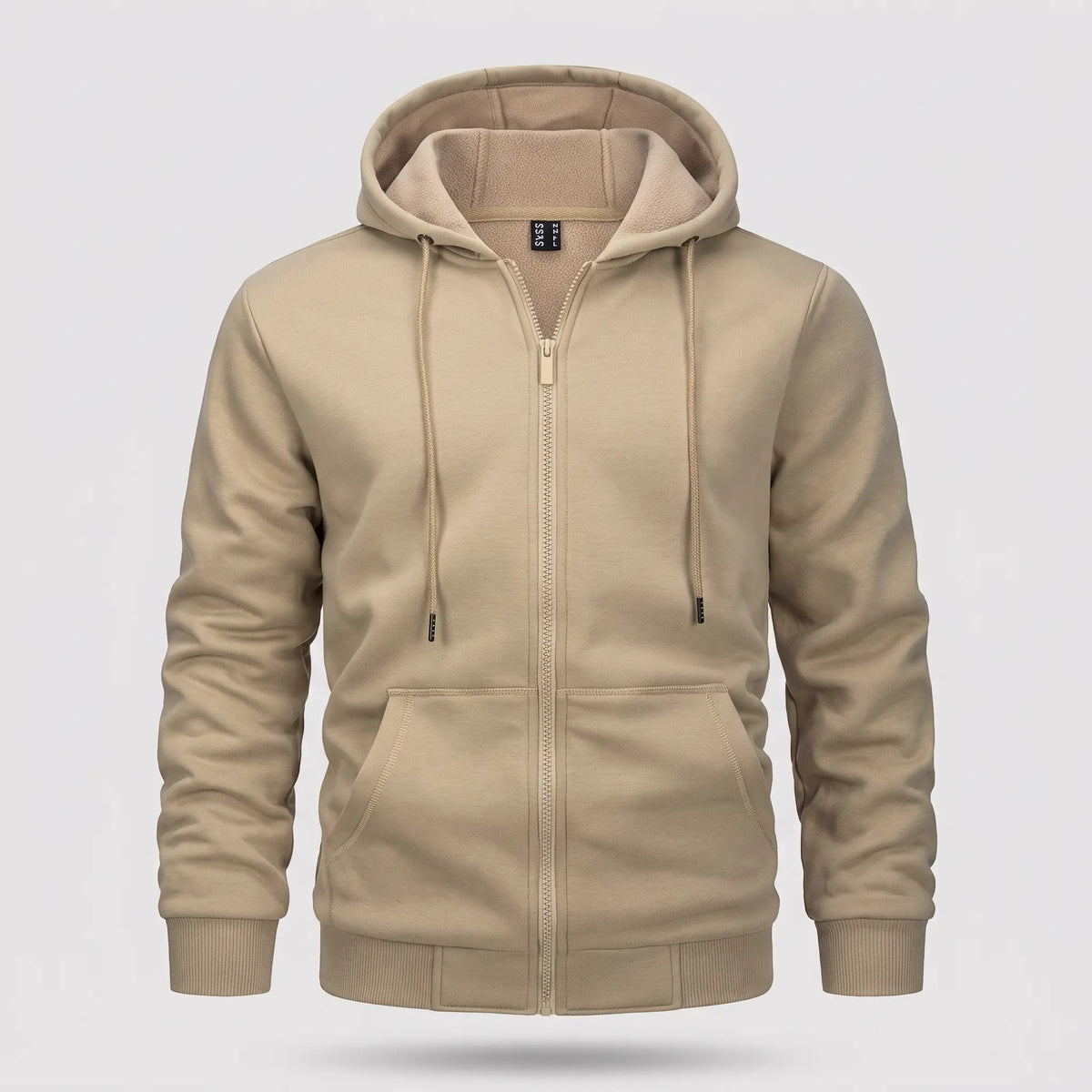 Men's zip up hoodie in Khaki, front view