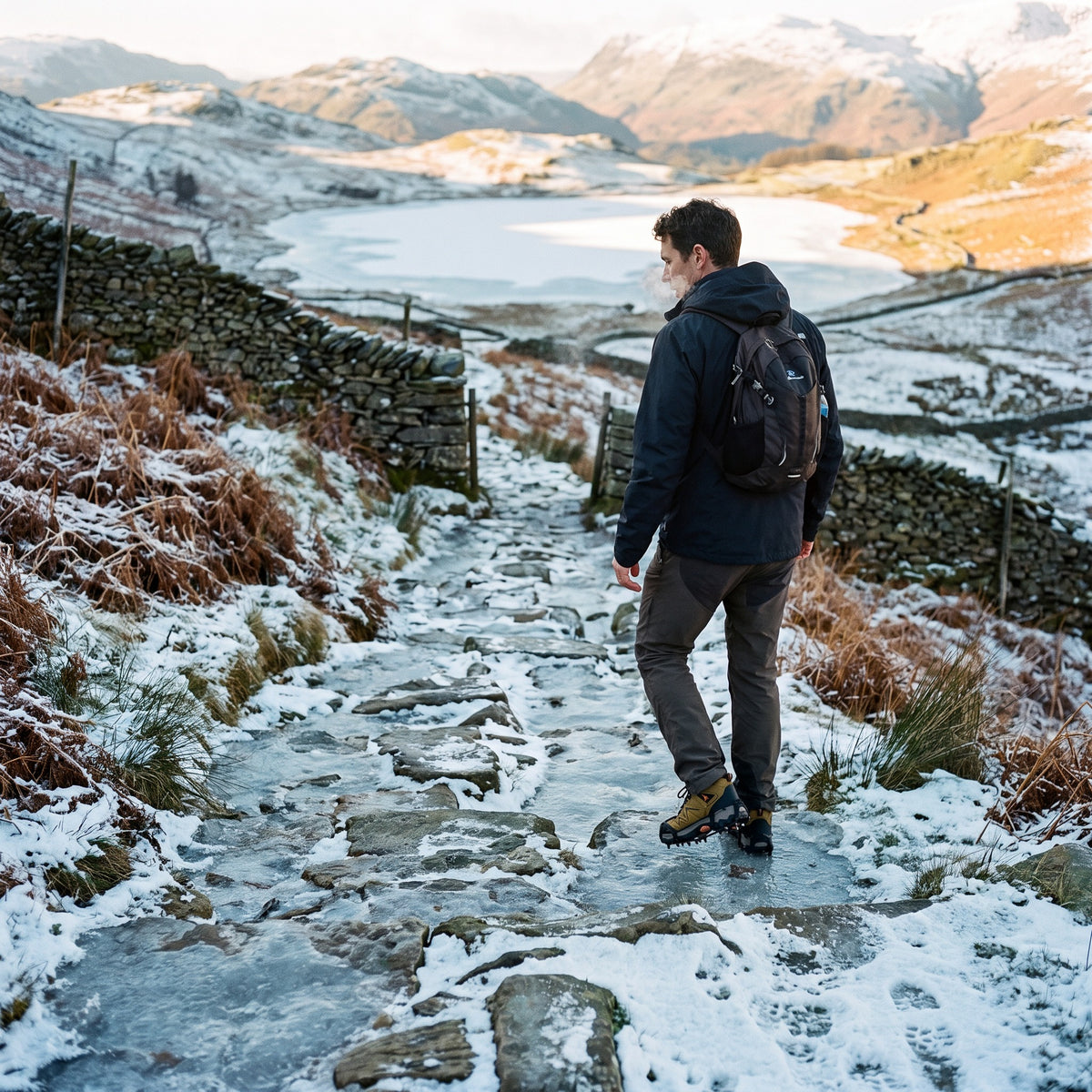Walker on an icy Lake District path wearing microspikes on his walking boots